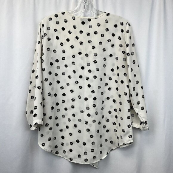 Van Heusen Key Hole 3/4 Sleeve Ruffle Blouse Ivory/Black Dotted Womens Medium - Picture 6 of 9